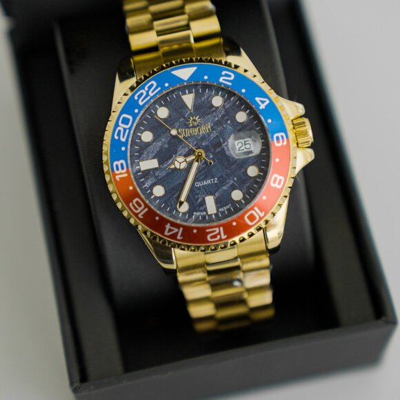 NEW SUNBORN Gold-Tone Men's Quartz Watch Red Blue Pepsi Bezel with Box and Tag - Picture 2 of 6